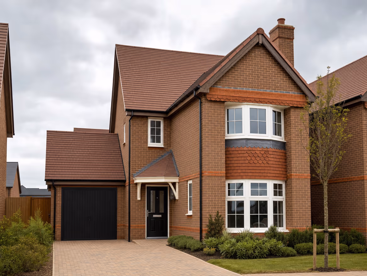 Traditional new build brick home with bay windows and block paved drive