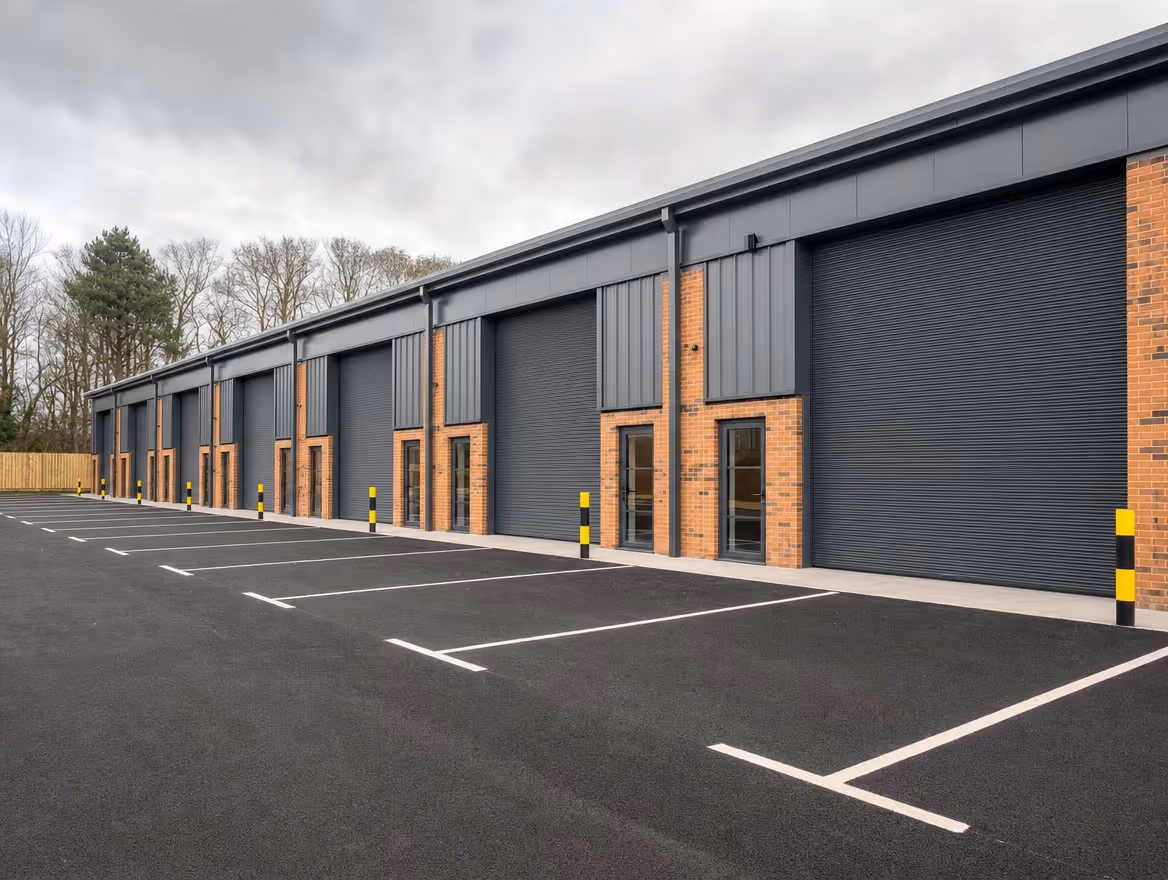 Newly built commercial development of brick and steel units