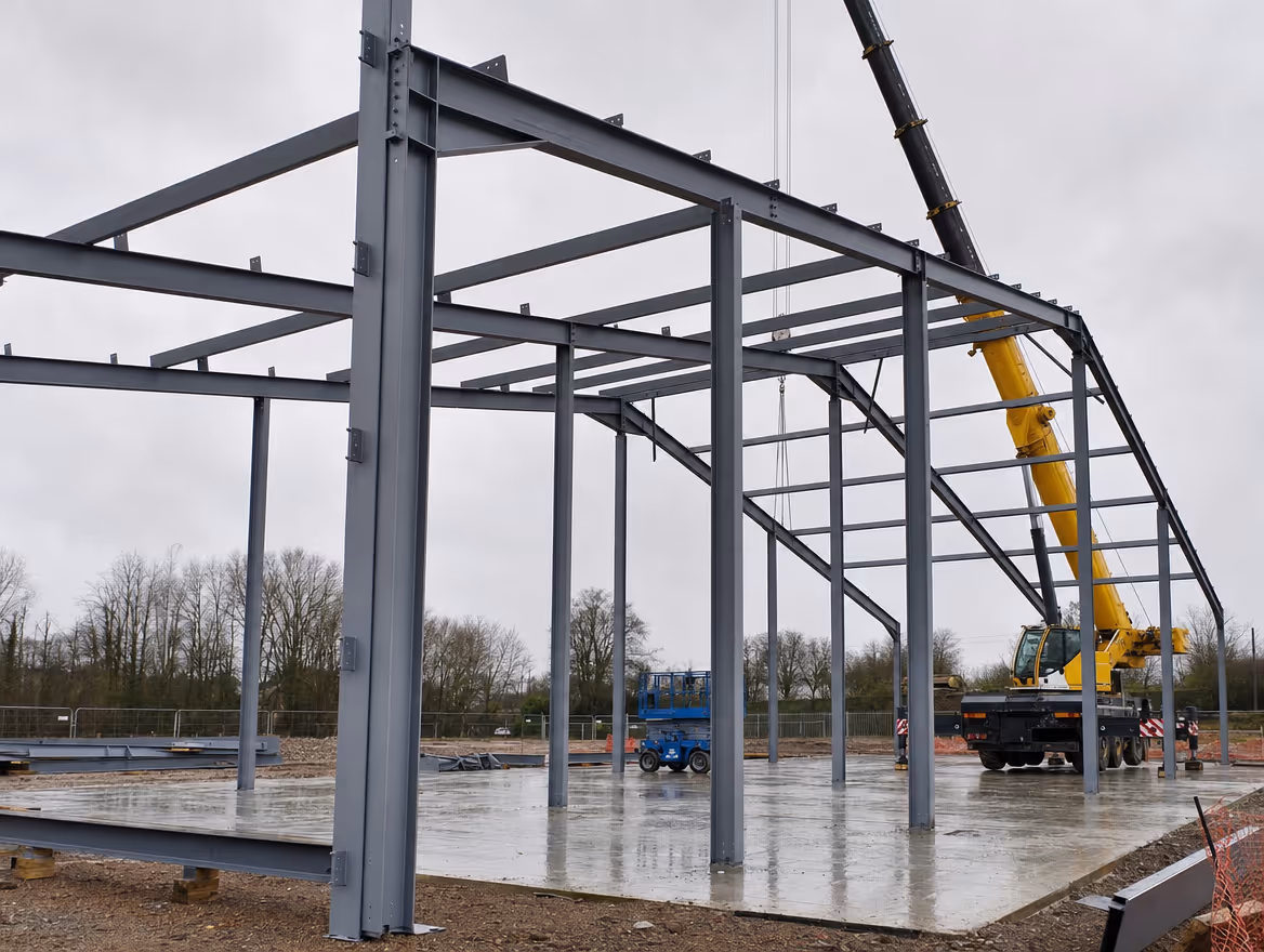Commercial steel portal frame being erected on site