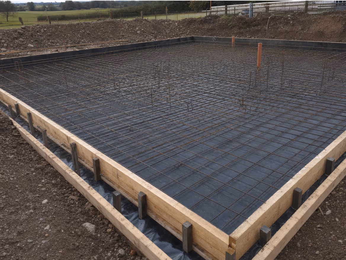 Reinforced concrete raft foundation with steel mesh ready for pouring