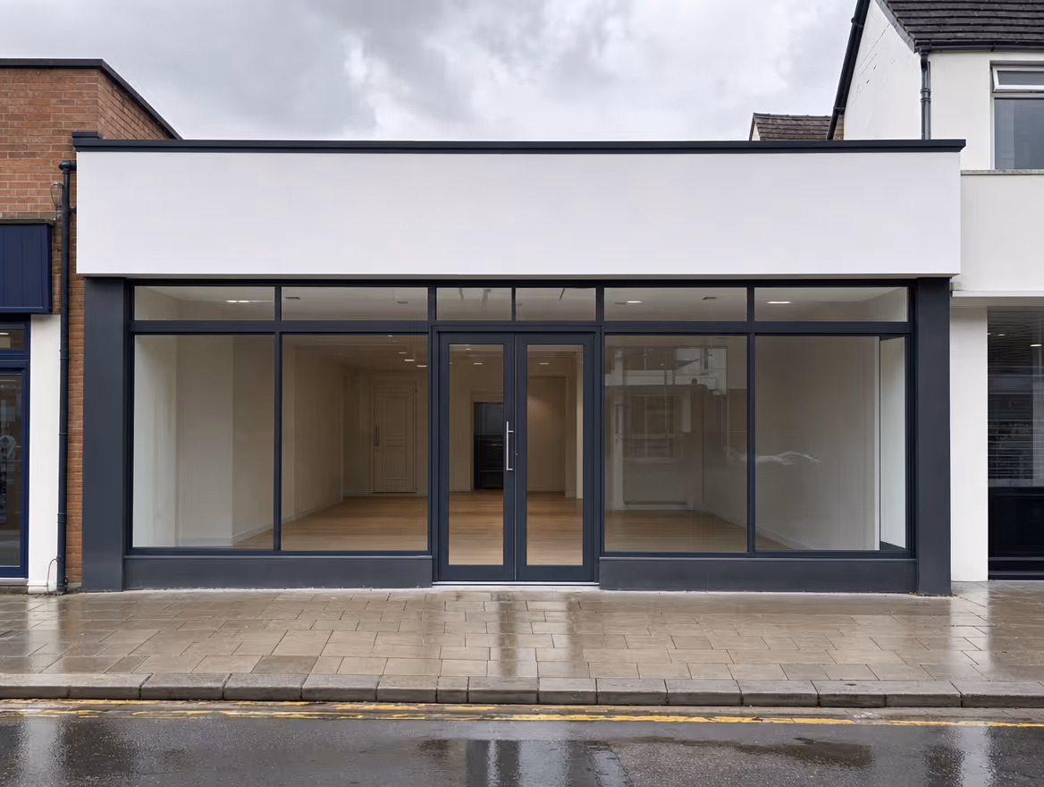 Refurbished retail unit shopfront with new glazing and rendered fascia