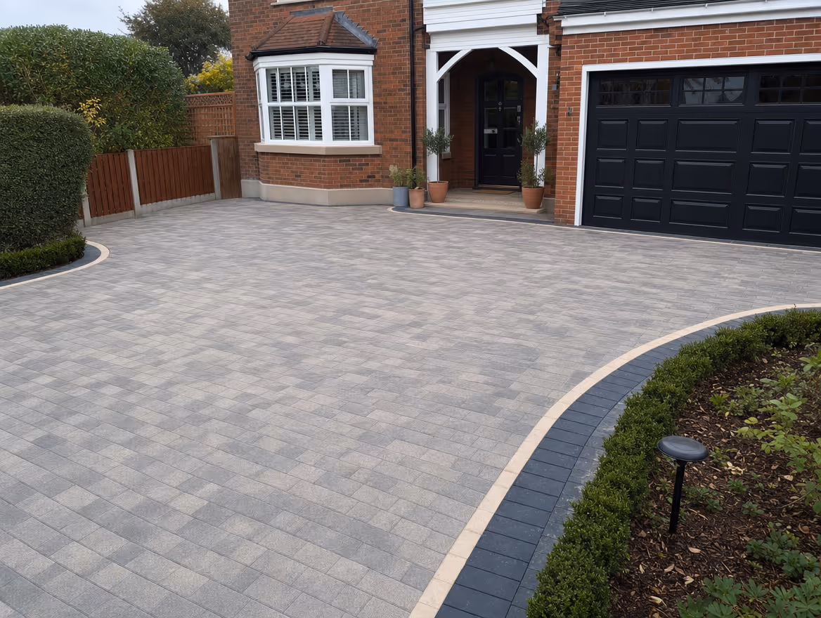Large block paving driveway with contrasting feature border