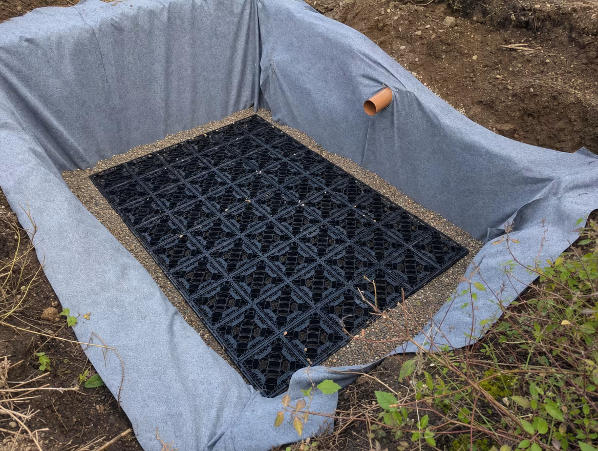 Soakaway crates being installed in an excavated pit