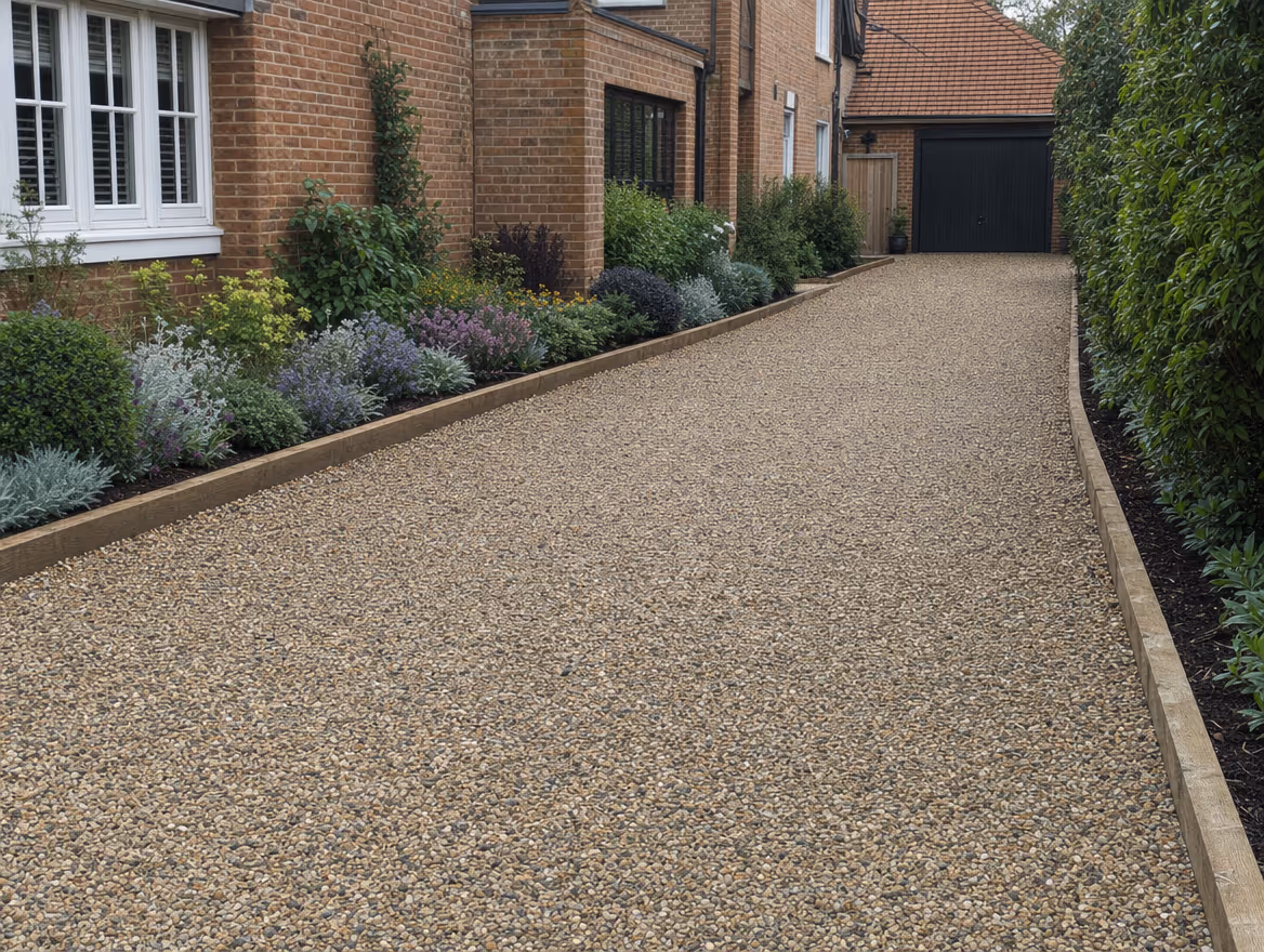 Finished gravel driveway with timber sleeper edging