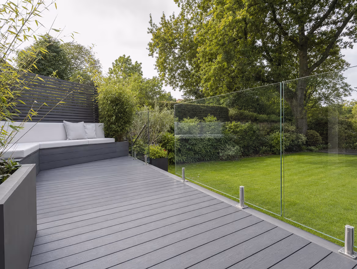 Raised composite decking with frameless glass balustrade
