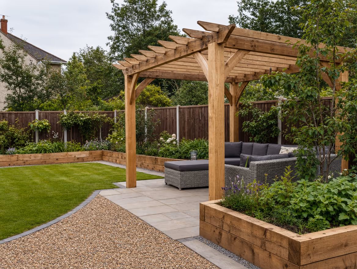 Landscaped garden with timber pergola and sleeper planting beds