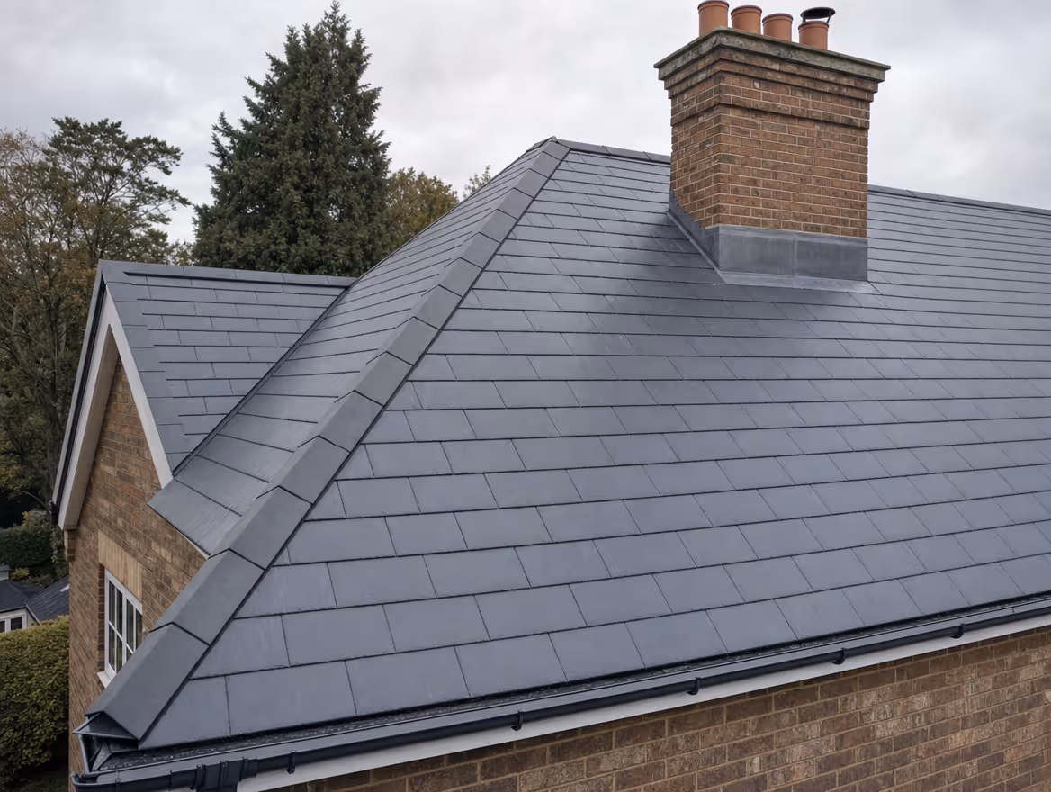 Newly completed pitched slate roof with lead flashing and chimney