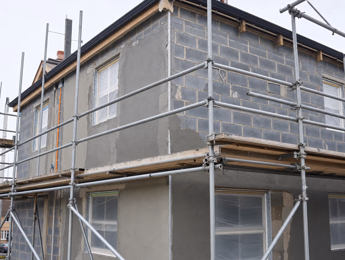 House being rendered with scaffolding and fresh grey render