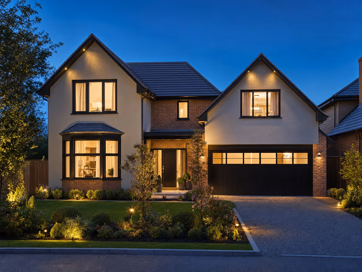 New build detached house at dusk with warm light from large windows