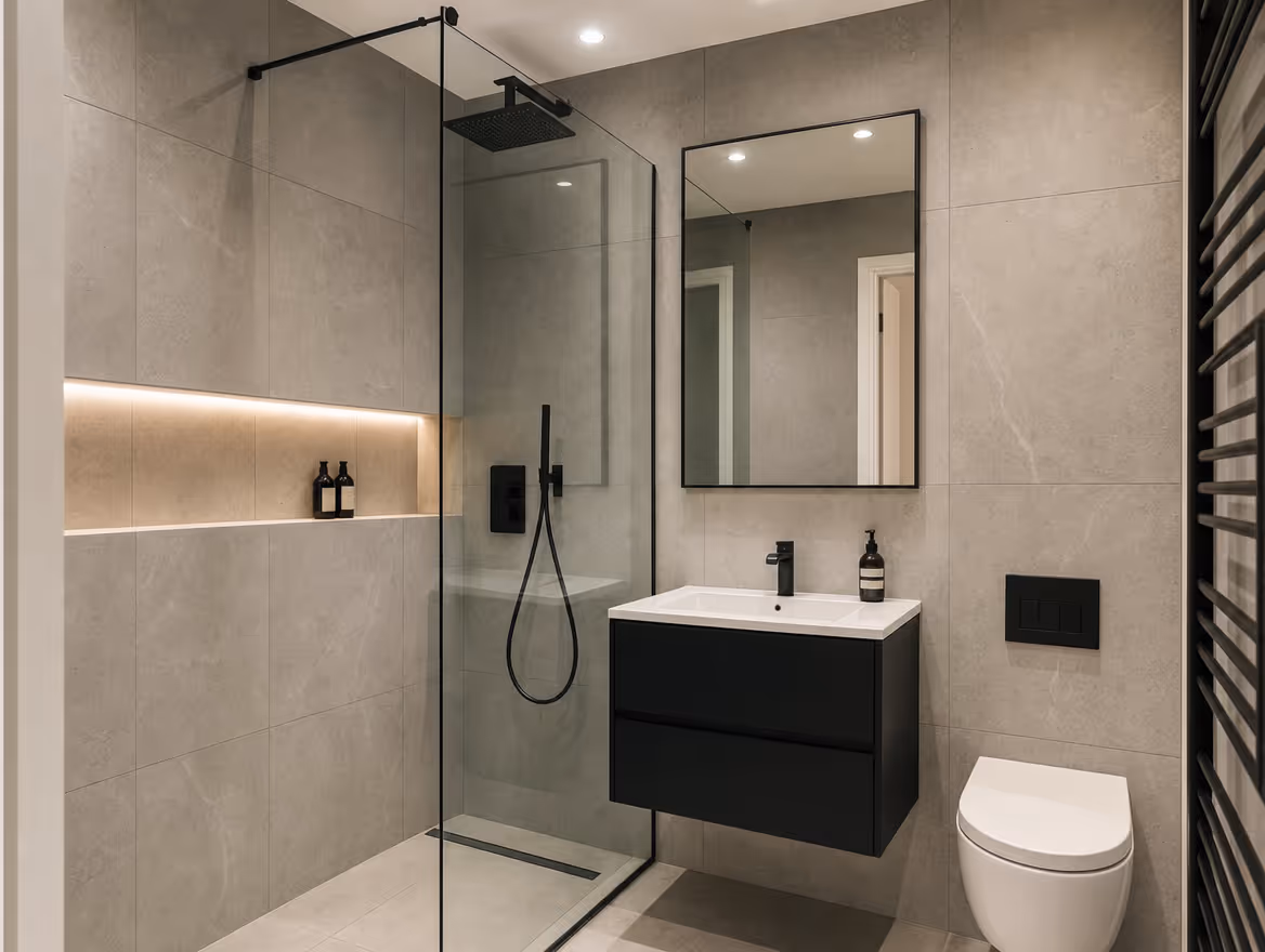 Modern ensuite shower room with frameless glass screen and black fittings