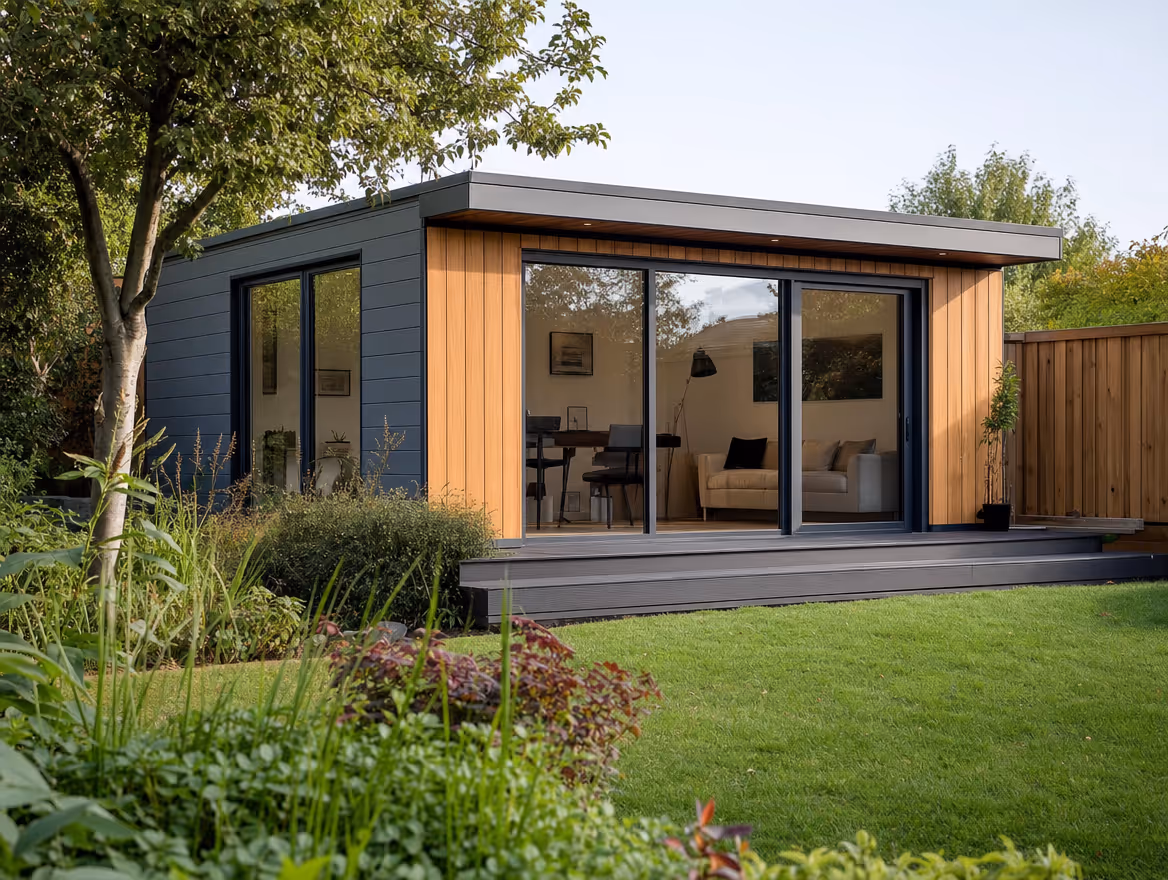 Completed garden room studio with full-height glazing