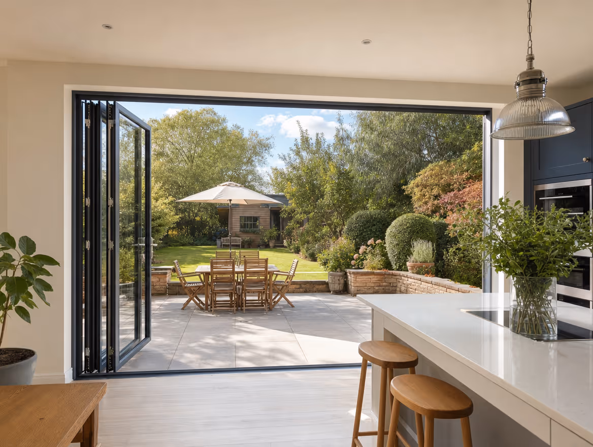 Modern kitchen with open bifold doors onto a paved patio and garden