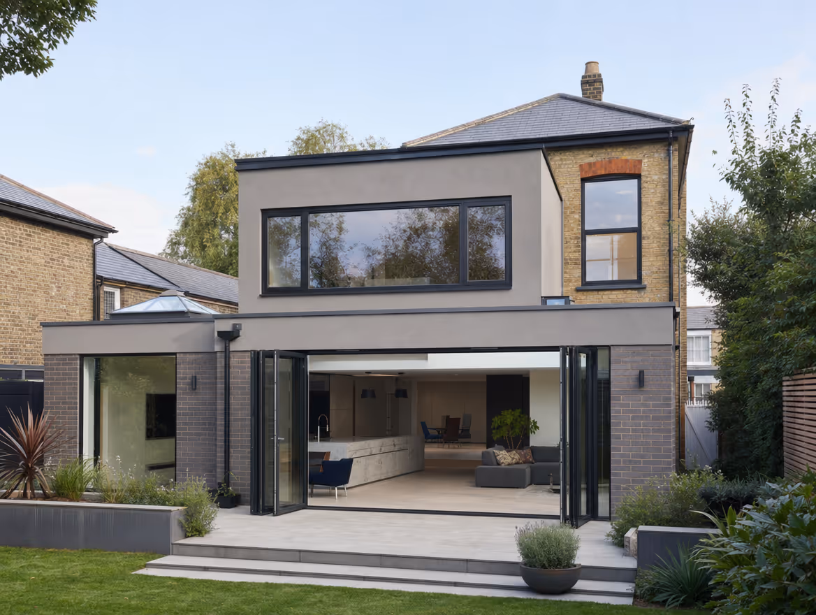 Contemporary two-storey rear extension in brick and render with bifold doors