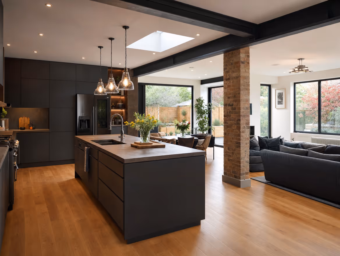 Open-plan kitchen and living space with island and exposed steel beam