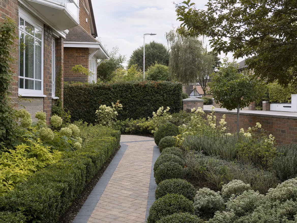 Landscaped front garden with block paved pathway and planted borders