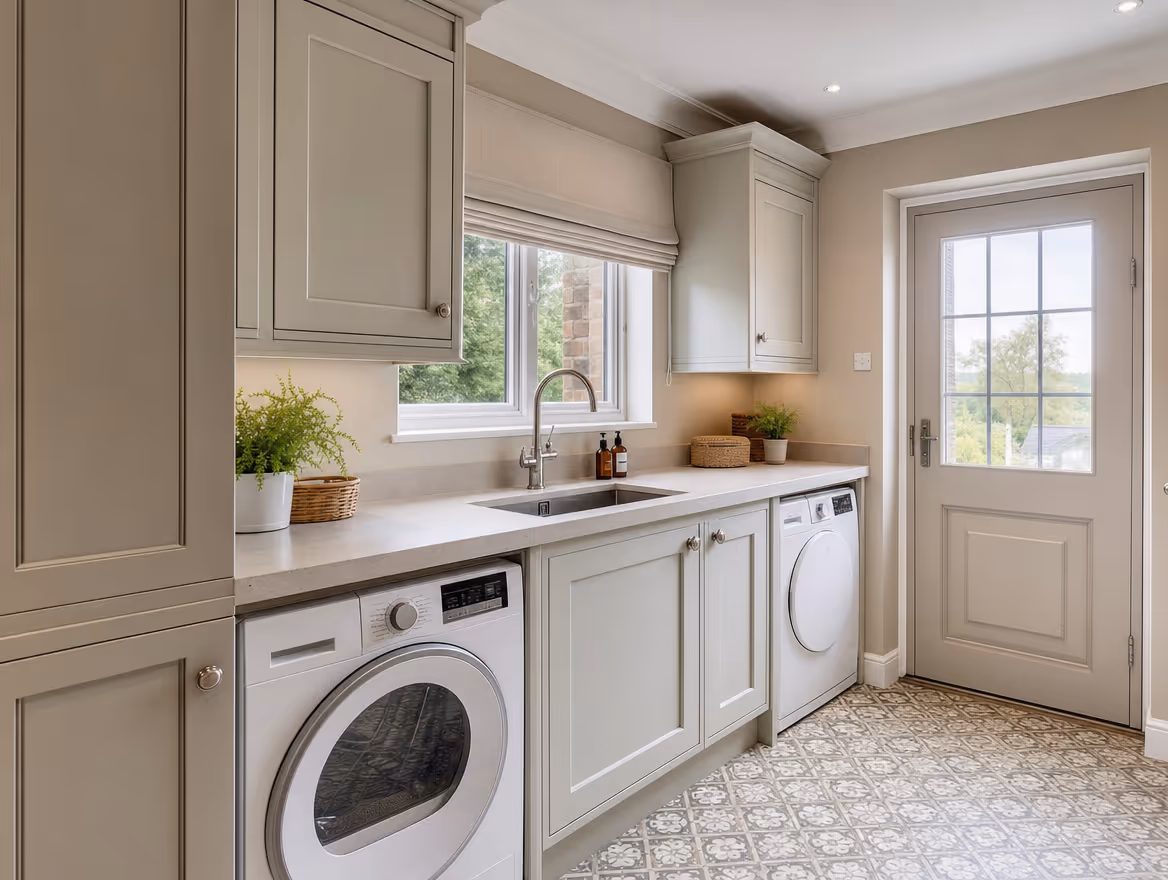 Fitted utility room with shaker cabinetry and patterned tiled floor