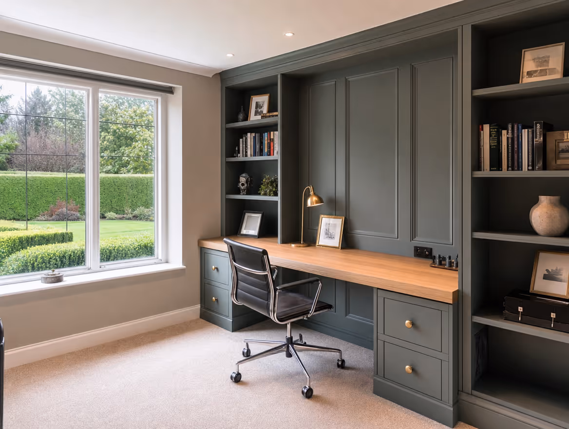 Fitted home office with bespoke joinery and built-in desk