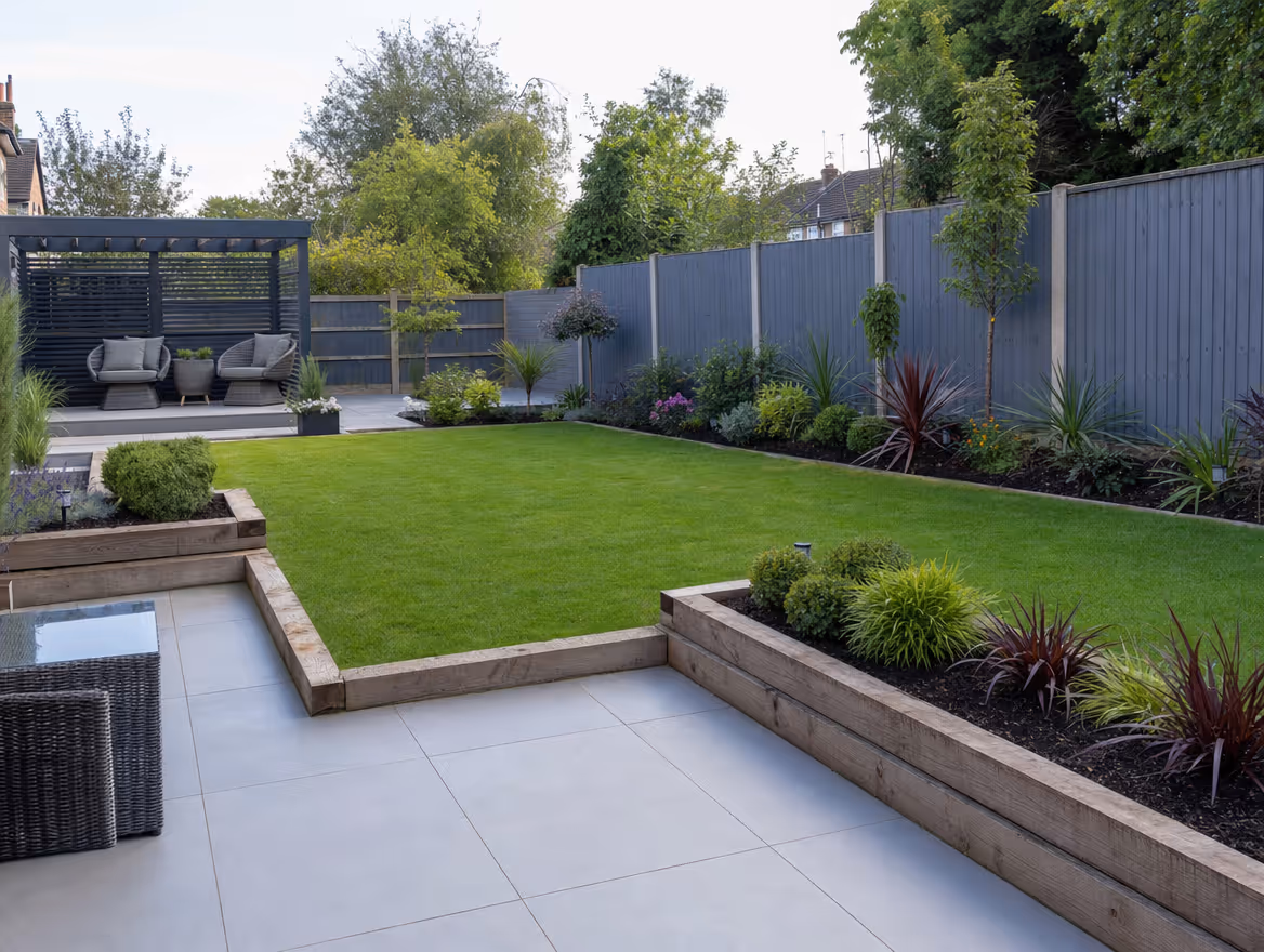 Landscaped rear garden with porcelain patio, lawn and planting beds