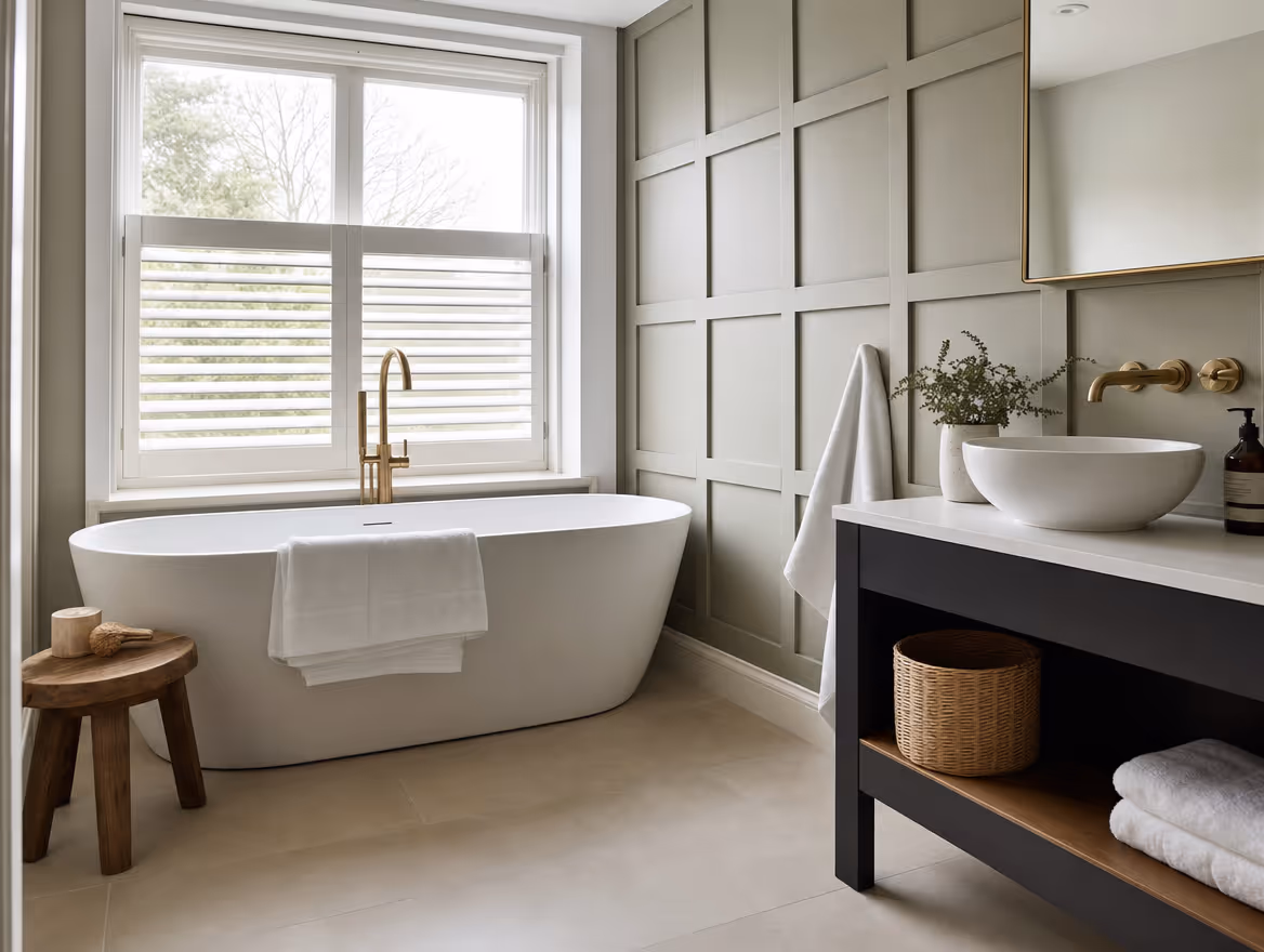 Renovated family bathroom with freestanding bath and large format tiles