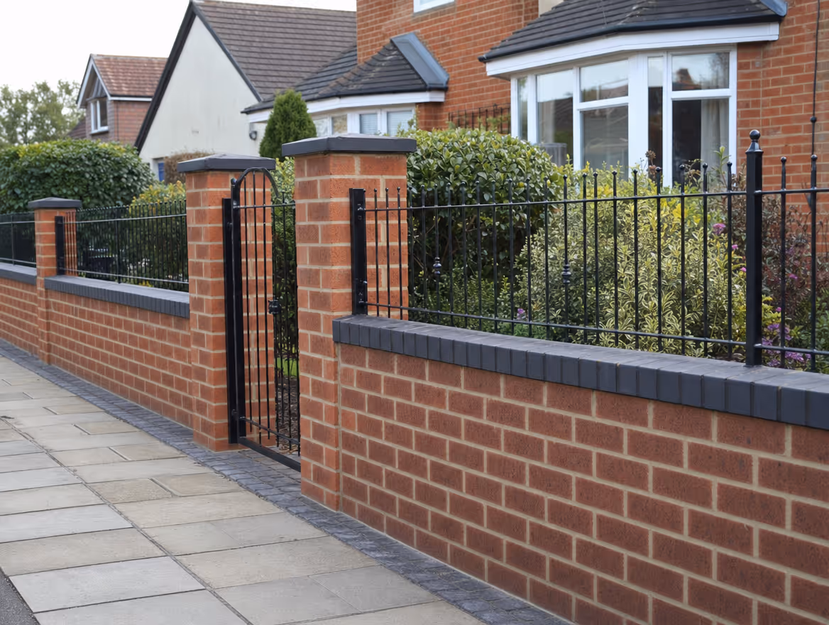 Newly built brick boundary wall with coping bricks and metal railings