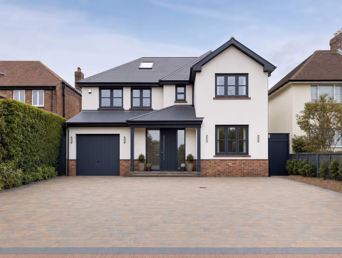 Renovated detached house front elevation with new windows and driveway