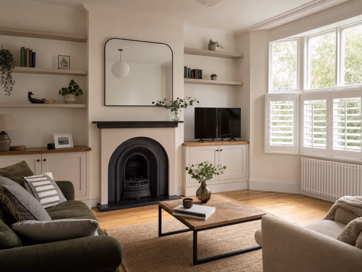 Renovated living room with restored fireplace and alcove joinery