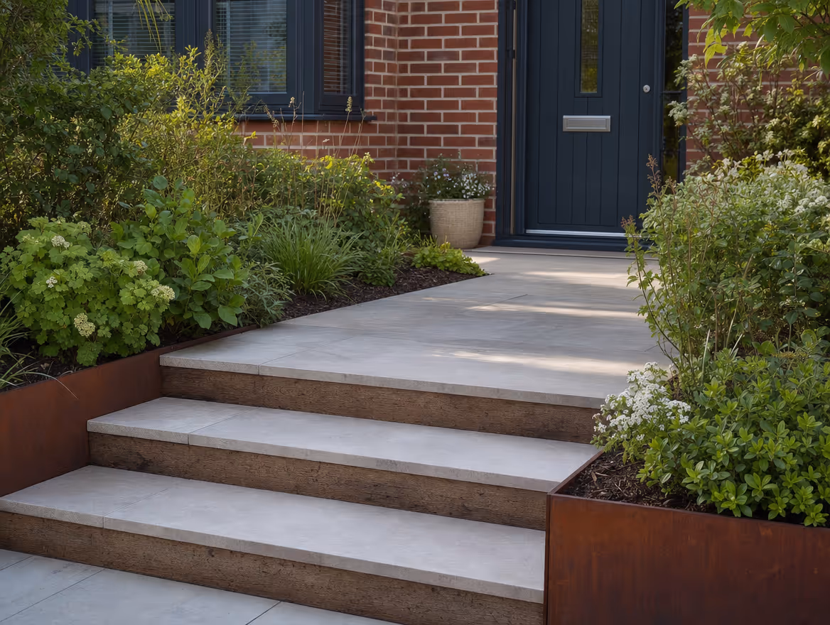 Smart home entrance with porcelain paved steps, sleeper risers and planted borders