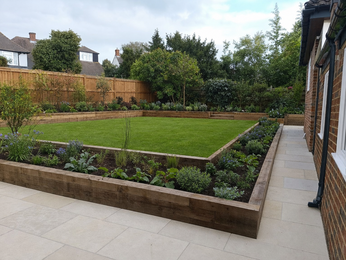 Professionally landscaped garden with new turf, planted borders and a paved path