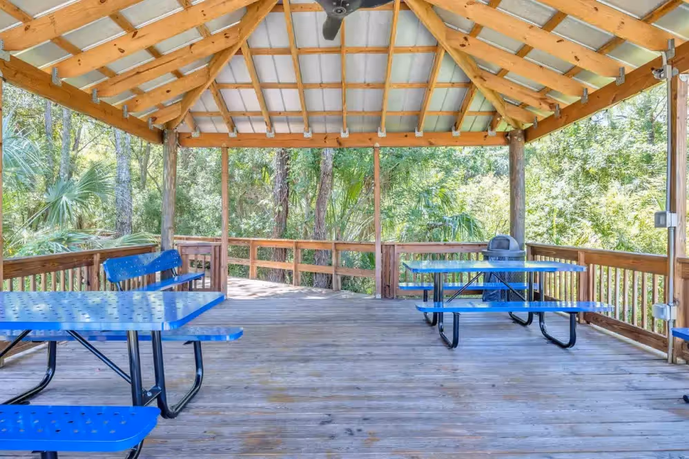 Outdoor picnic area with tables and pergola