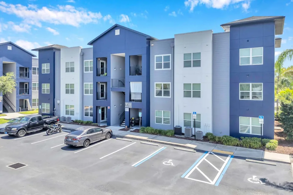 Exterior of builiding and parking area