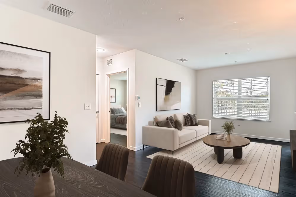 View from dining room of furnished living room