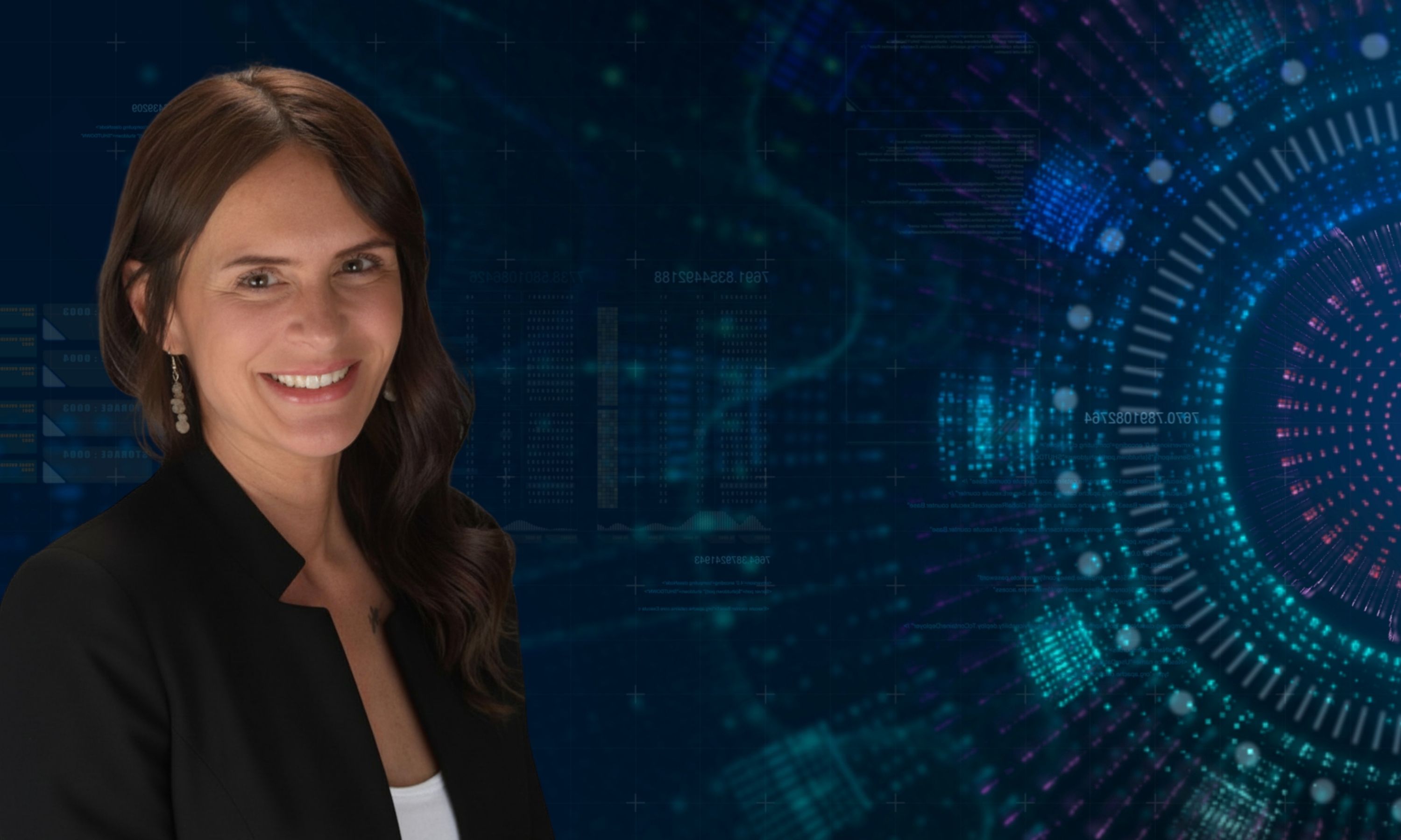 Katherine Smith in front of a tech background