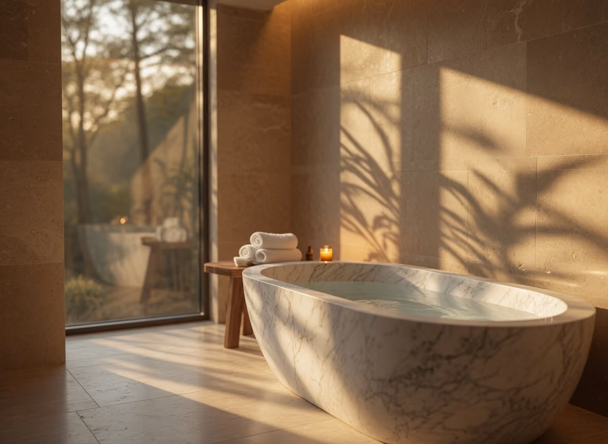 Bath with window letting in golden hour sunlight