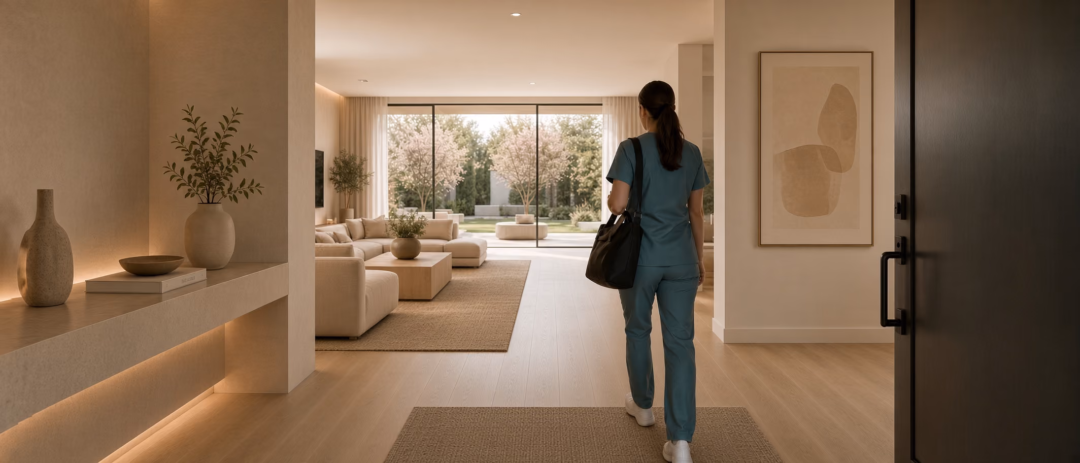 Nurse walking into a nice modern home.