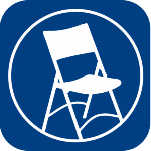 White folding chair icon inside a blue rounded square with a white circular border.