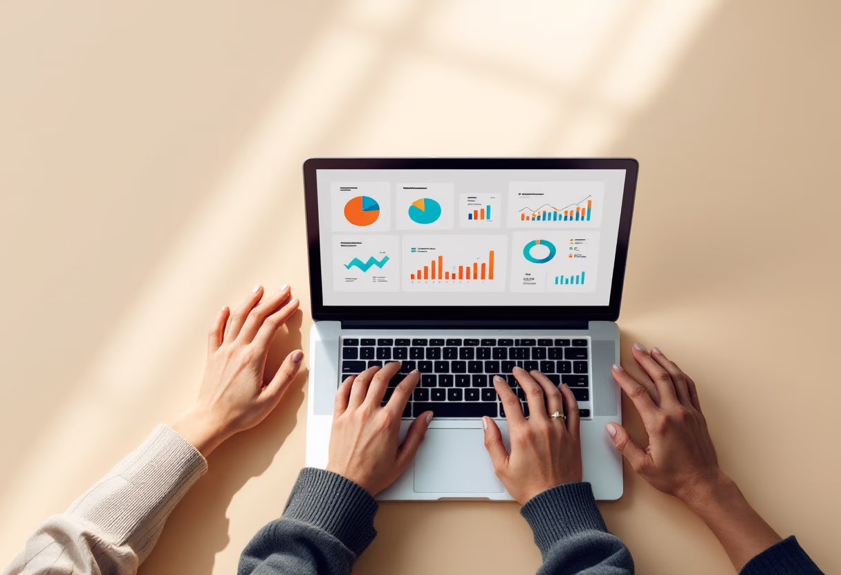 image of hands typing on a laptop with scientific data