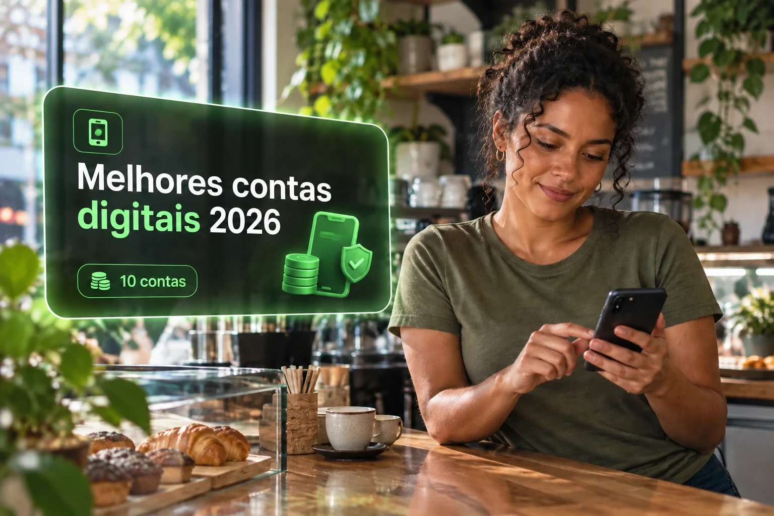 Mulher no balcão de uma cafeteria compara apps no celular ao lado de um card sobre as melhores contas digitais de 2026