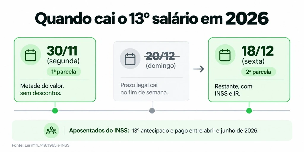 Linha do tempo do 13º em 2026: primeira parcela até 30/11 e segunda antecipada para 18/12 porque o dia 20 é domingo