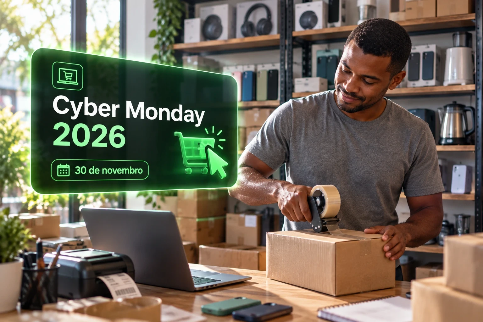 Lojista fecha caixa de envio ao lado do notebook com pedidos e de um card sobre a Cyber Monday 2026