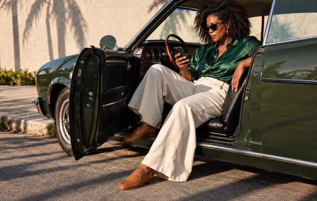 Mulher de camisa verde sentada de lado no banco de um carro antigo com a porta aberta olhando o celular sob sol baixo