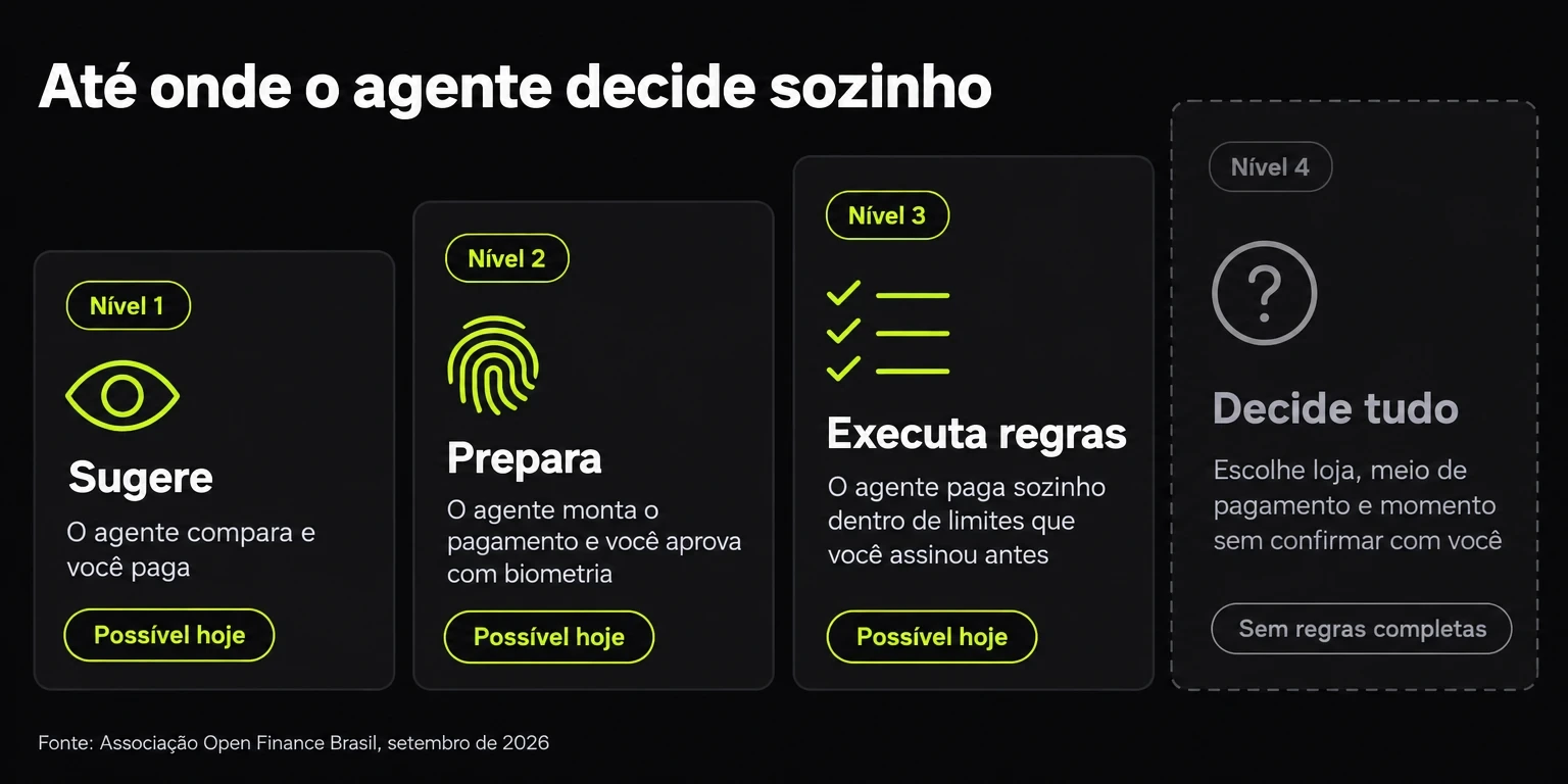 Quatro níveis de autonomia do agente de pagamento: sugere, prepara e executa regras são possíveis hoje