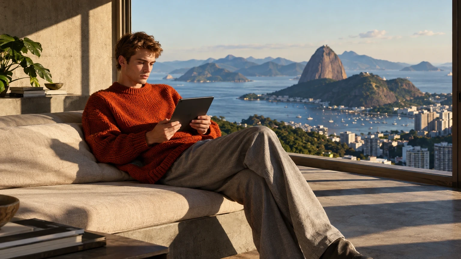 Homem jovem de suéter laranja usando um tablet no sofá de casa, com o Pão de Açúcar e a baía de Guanabara ao fundo
