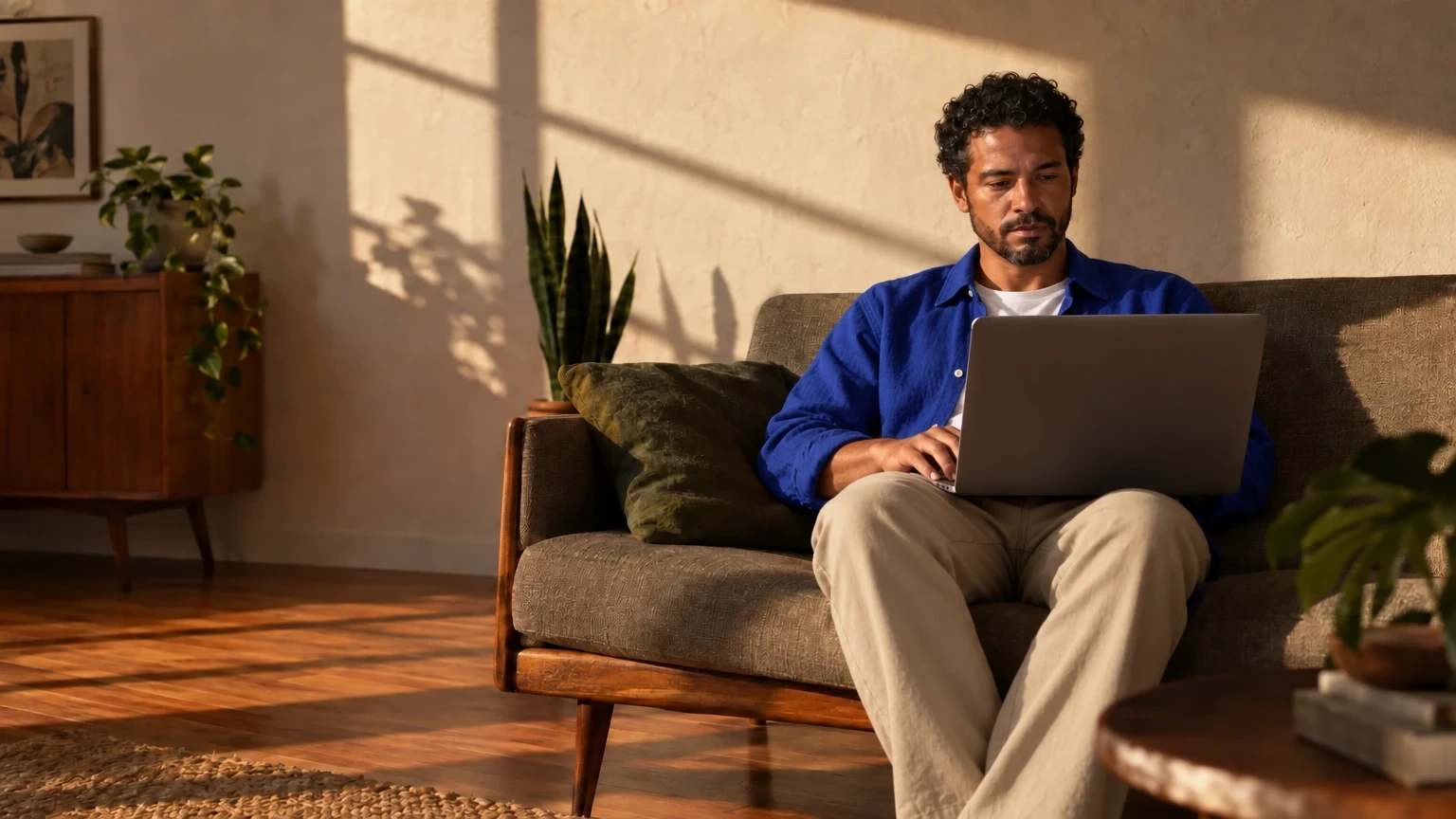 Homem de camisa azul sentado no sofá de casa usando o notebook no colo sob a luz da tarde