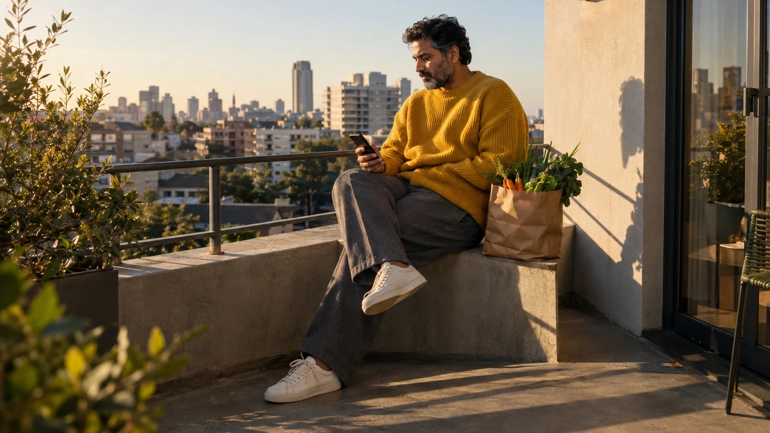 Homem de suéter amarelo sentado na varanda de um apartamento, ao lado de uma sacola de compras, olhando o celular