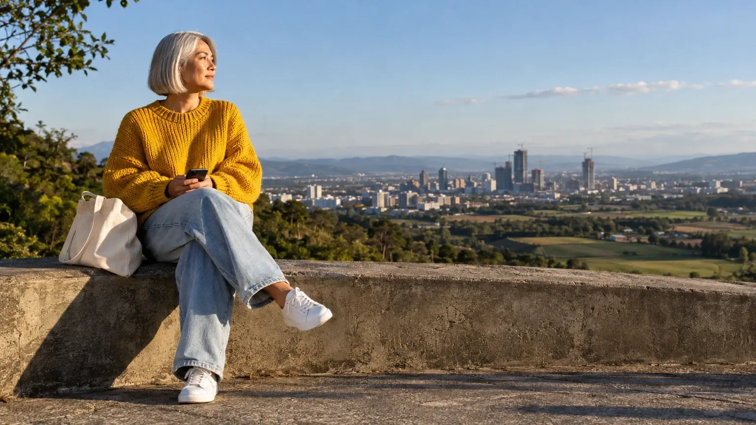 Mulher de cabelo grisalho e suéter mostarda sentada num mirante de concreto com o celular, olhando a cidade e o campo