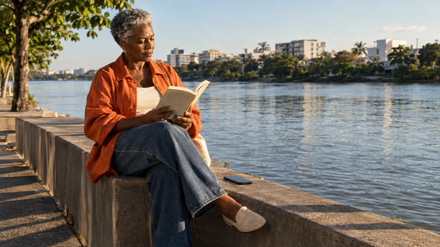 Mulher de cabelo grisalho lê um livro sentada na mureta de concreto à beira de um rio, sob sol baixo de fim de tarde