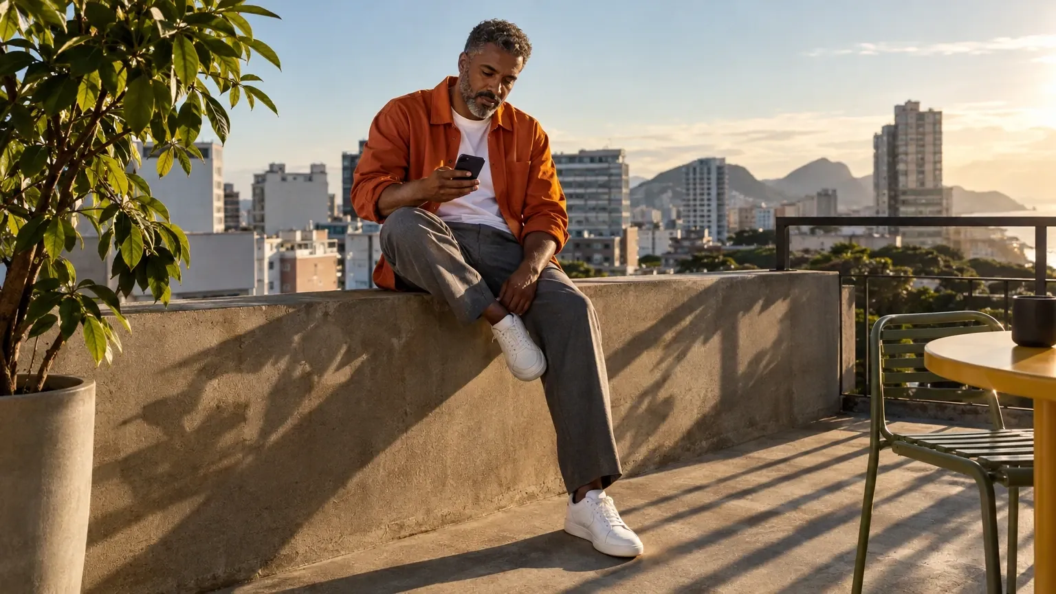 Homem de camisa laranja sentado no muro de uma varanda ao pôr do sol, olhando o celular