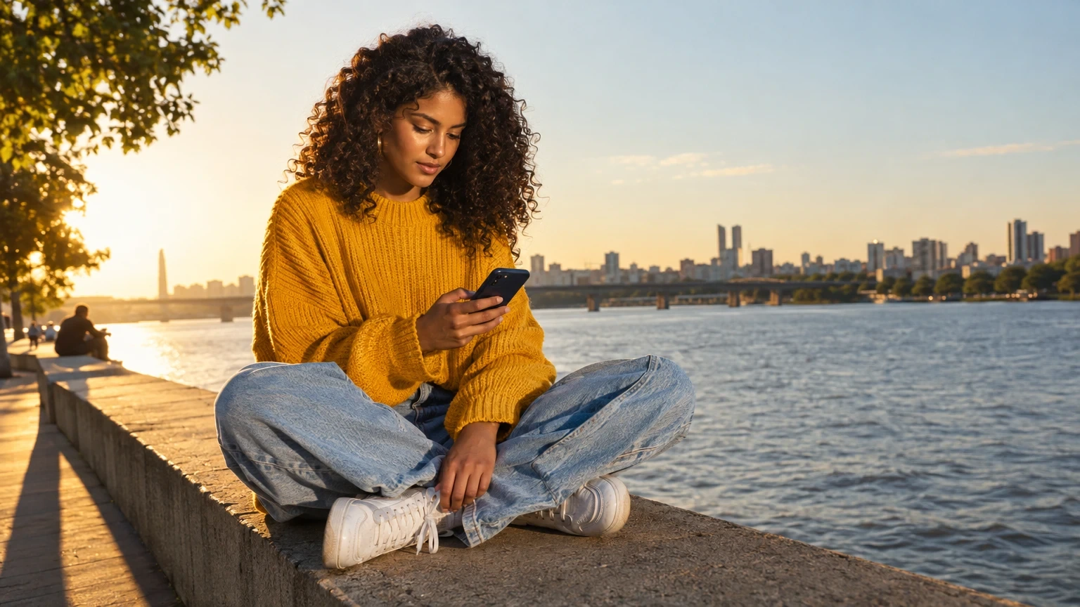 Jovem de cabelo cacheado e suéter amarelo sentada de pernas cruzadas num muro à beira do rio olhando o celular ao pôr do sol