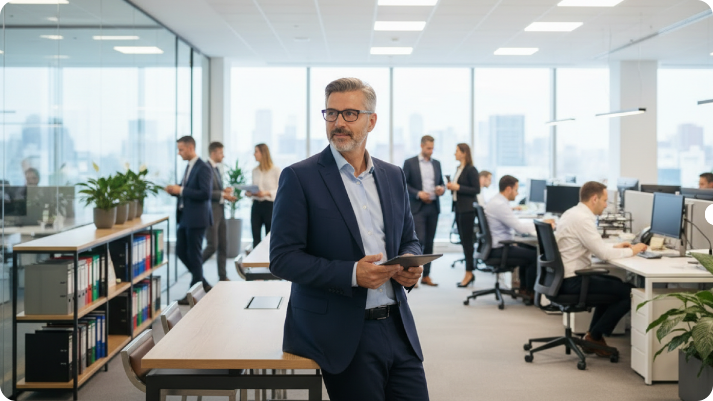 Businessman in a suit holding a tablet in a modern office with colleagues working and conversing in the background.
