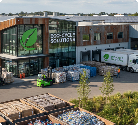 Recycling facility building with Eco-Cycle Solutions logo, trucks, forklifts, and large stacks of sorted recyclable materials outside.